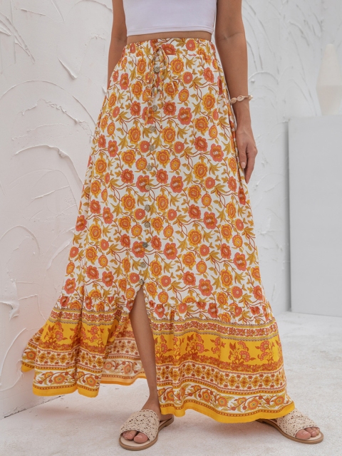 

URBANIC Women White & Yellow Floral Print A-Line Maxi Skirt