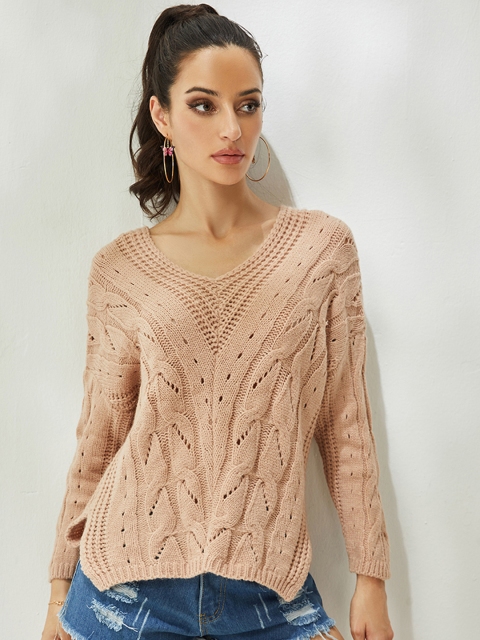 

URBANIC Women Beige Crochet Open Knit Sweater