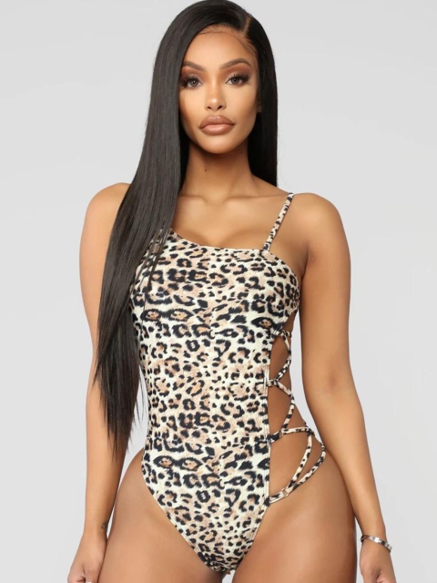 

URBANIC Women Off-White & Beige Leopard Print Lace-Up Swim Bodysuit