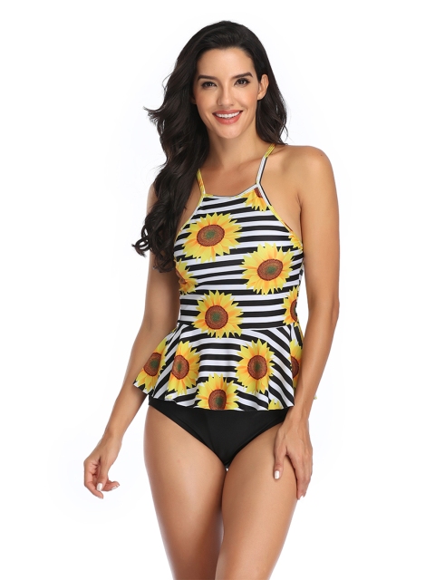 

URBANIC Black & Yellow & Floral Print Swim Tankini