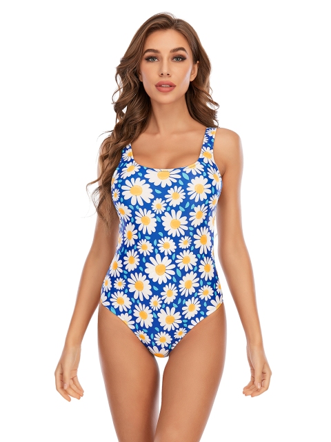 

URBANIC Blue & White Floral Print Padded Swim Bodysuit with Cut-Out Detail
