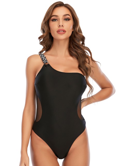

URBANIC Women Black Solid One-Shoulder Monokini