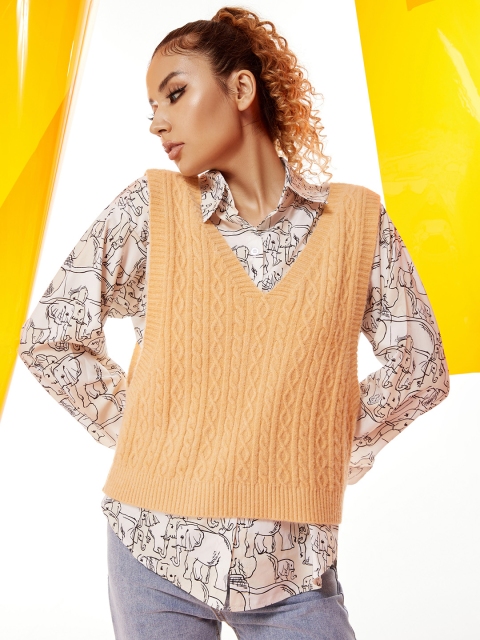 

URBANIC Women Peach-Coloured Cable Knit Acrylic Sweater Vest