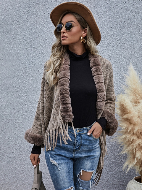 

URBANIC Women Brown Front Open Poncho with Faux Fur & Fringed Detail