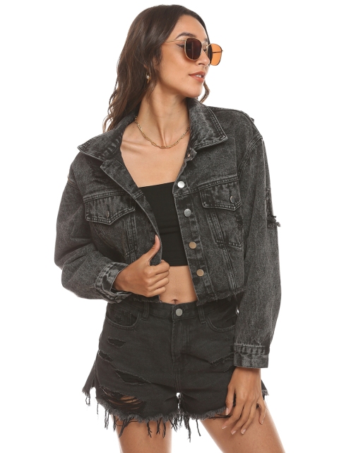 

URBANIC Women Charcoal Grey Crop Denim Jacket