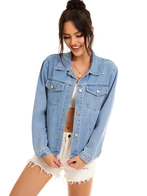 

URBANIC Women Blue Solid Cotton Denim Trucker Jacket
