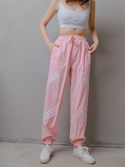 

URBANIC Women Pink & White Striped Detail High-Rise Gym Joggers