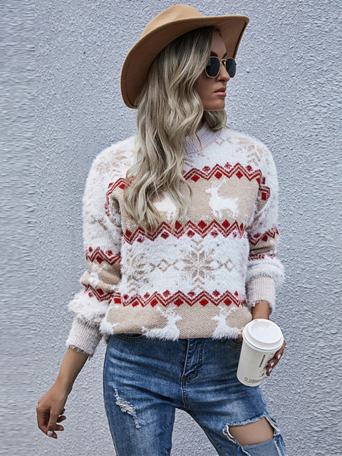 

URBANIC Women Beige & White Printed Pullover