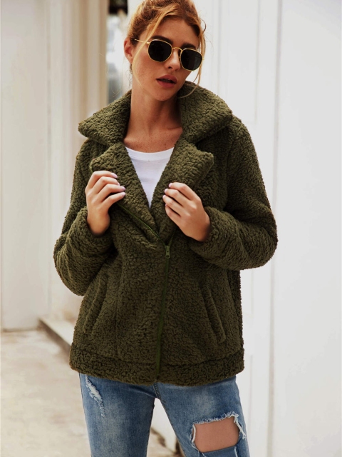 

URBANIC Women Olive Green Asymmetric Closure Sherpa Tailored Jacket