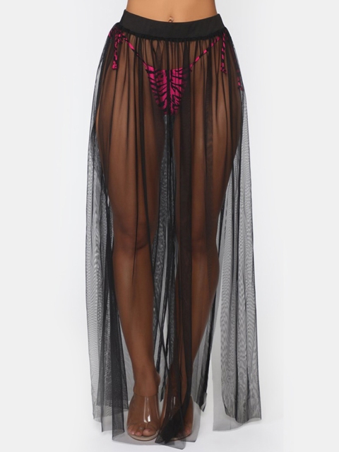 

URBANIC Women Black Sheer Net Beach Maxi Swim Skirt with High Front Slit