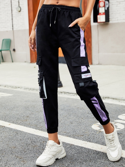 

URBANIC Women Black & Lavender Carrot Tapered Fit Cropped Cargos with Side Taping Detail