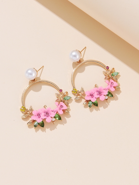 

URBANIC Pink & Green Stone-Studded & Beaded Floral Drop Earrings