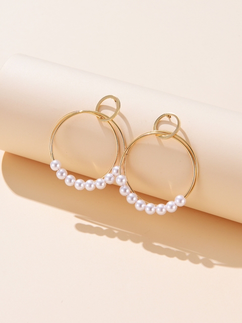 

URBANIC Gold-Toned & White Beaded Circular Hoop Earrings