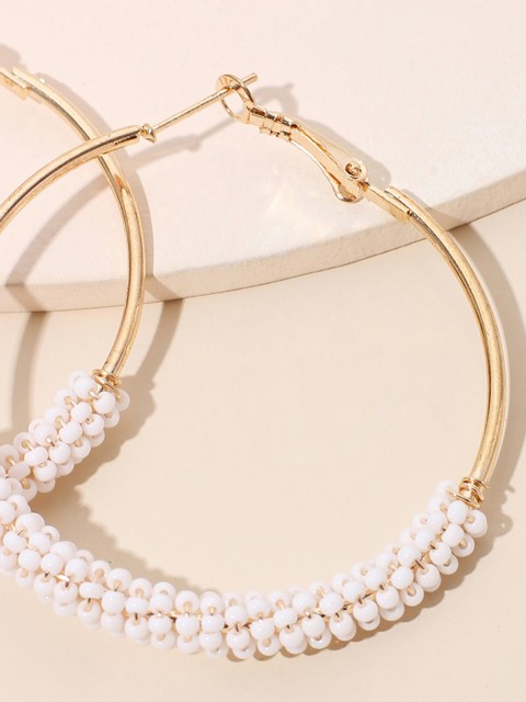 

URBANIC White & Gold-Toned Beaded Circular Hoop Earrings