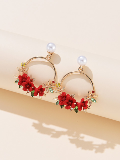 

URBANIC Gold-Toned & Red Floral Drop Earrings