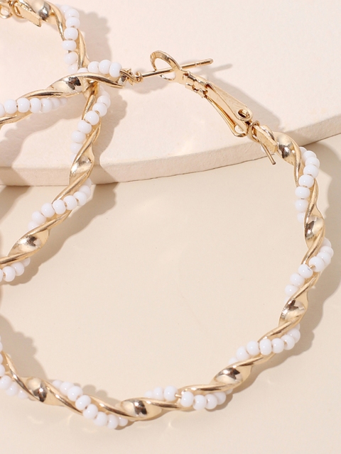 

URBANIC White & Gold-Toned Beaded Circular Hoop Earrings