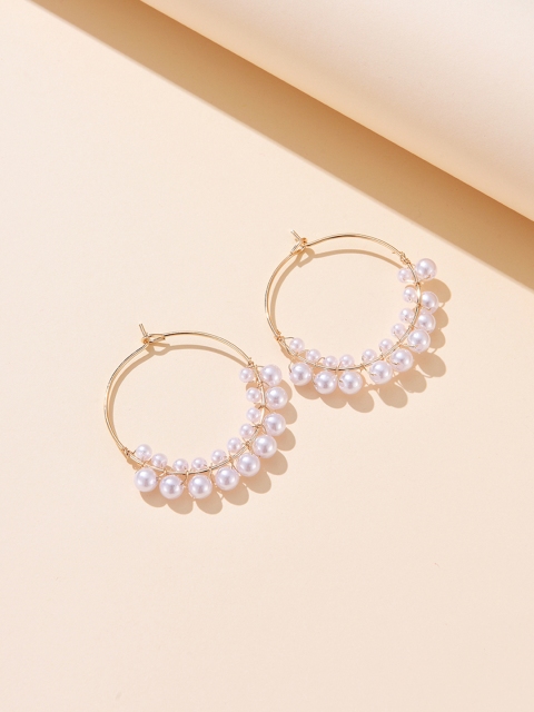 

URBANIC Gold-Toned & White Beaded Circular Hoop Earrings