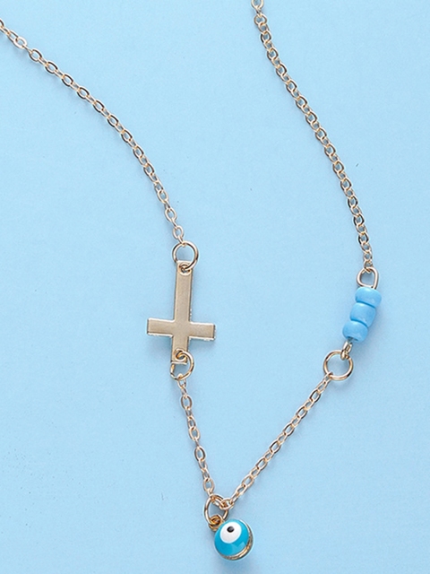 

URBANIC Gold-Toned & Blue Beaded Cross & Evil Eye Necklace