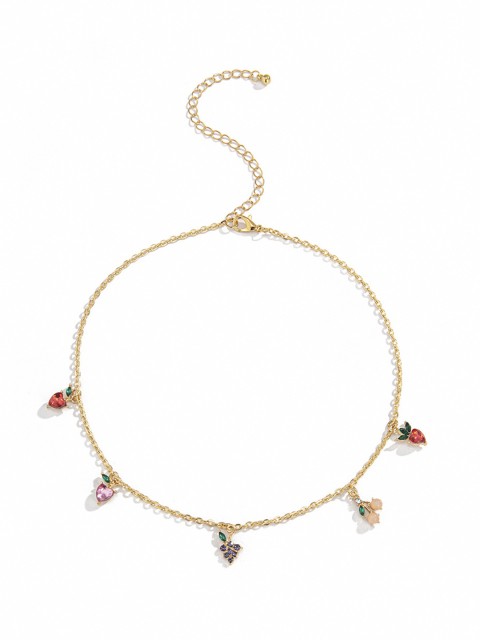 

URBANIC Gold-Toned & Red Stone Studded Fruit Textured Link Necklace