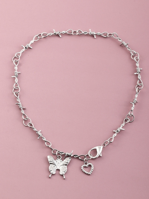 

URBANIC Women Silver-Toned Link Necklace with Butterfly & Heart Shaped Danglers