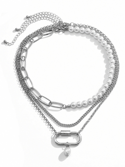 

URBANIC Silver-Toned & Off White Beaded Layered Necklace