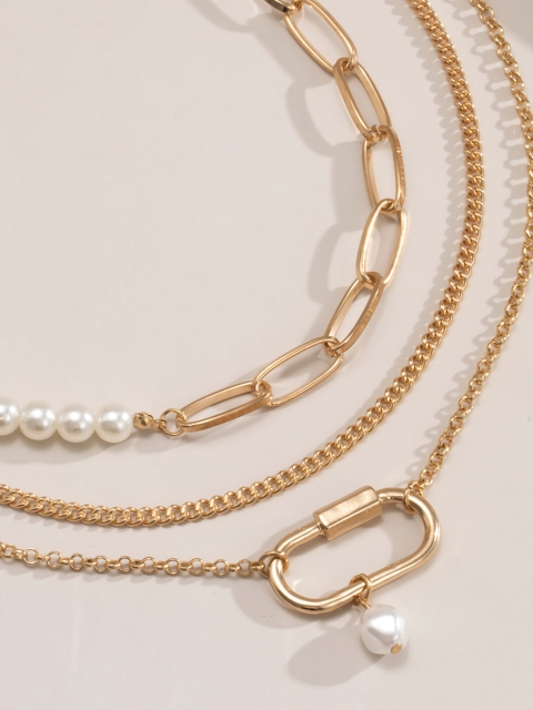 

URBANIC Gold-Toned & Off White Beaded Layered Necklace