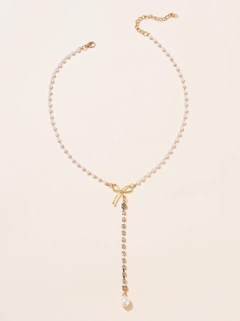 

URBANIC Gold-Toned Beaded & Stone-Studded Bow Tie Necklace