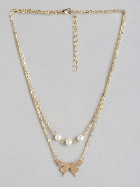 

URBANIC Gold-Toned & Off White Beaded Layered Butterfly Textured Link Necklace