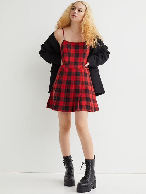 

H&M Women Black & Red Checked Shoulder Strap Short Dress