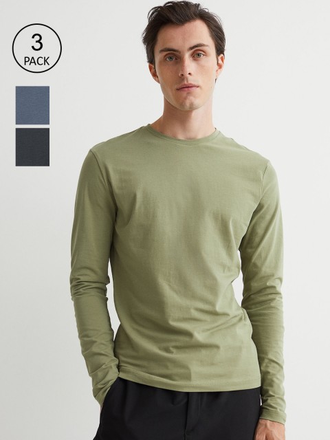 

H&M Men Pack of 3 Solid Round Neck Slim Fit Tops, Green