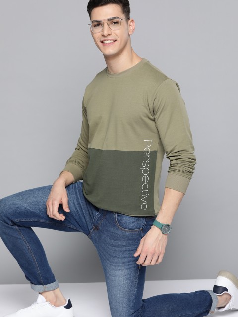 

Mast & Harbour Men Olive Green Colourblocked Cotton Sweatshirt