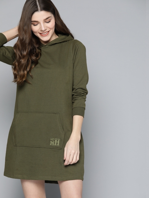 

Mast & Harbour Olive Green Solid Hooded Sweatshirt Dress