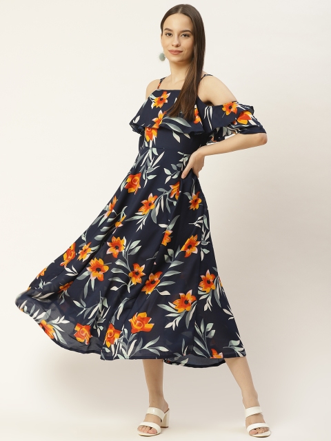 

Aayna Navy Blue Floral Georgette Cold Shoulder A-Line Maxi Dress