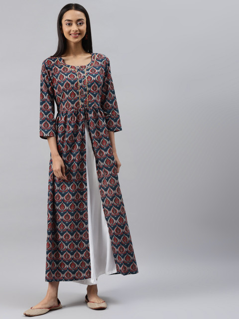 

Meeranshi Navy Blue & Maroon Ethnic Motifs Maxi Dress