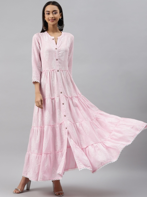 

Meeranshi Pink & White Ethnic Motifs Print Tiered Design Pure Cotton Maxi Dress