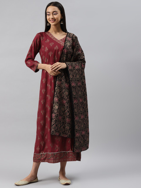 

Meeranshi Maroon & Black Floral A-Line Maxi Dress with Dupatta
