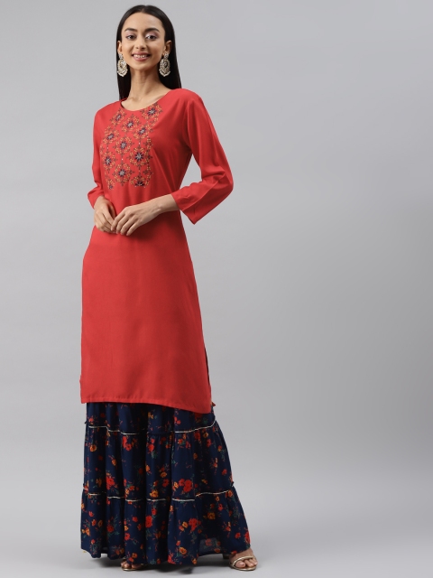 

Meeranshi Women Coral Red Floral Embroidered Kurta with Navy Blue Printed Sharara
