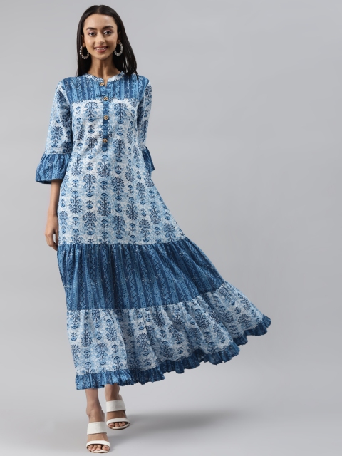 

Meeranshi Blue & White Ethnic Motifs Print Tiered Cotton Maxi Dress