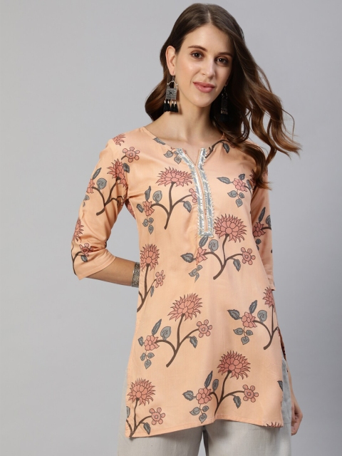 

Anubhutee Women Peach-Coloured & Brown Floral Printed Straight Kurti
