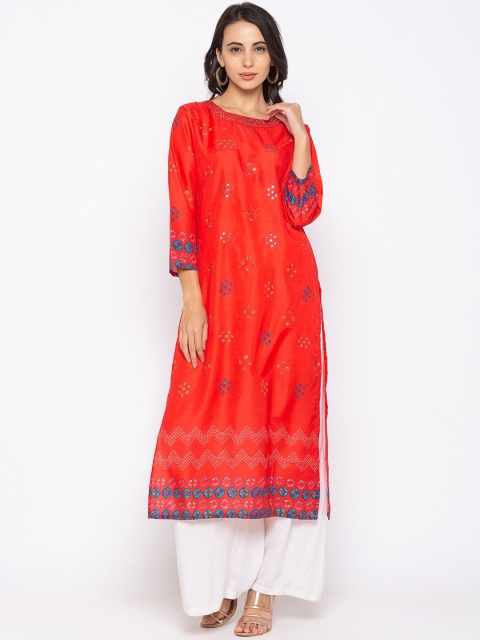 

TANKHI Women Red Mirror Work Embellished Straight Kurta