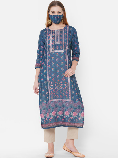 

TANKHI Women Blue & Pink Floral Printed Zardozi Kurta With Matching Mask