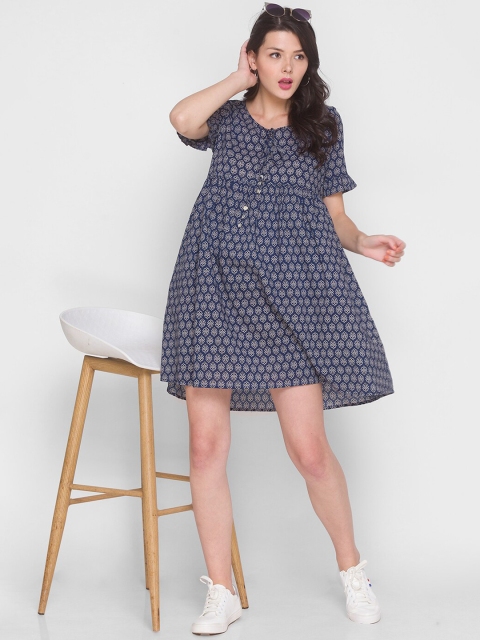 

TERQUOIS Navy Blue Ethnic Motifs Cotton A-Line Dress