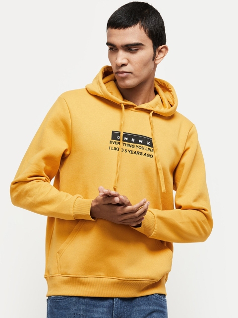 

max Men Yellow Typography Printed Hooded Pullover Sweatshirt