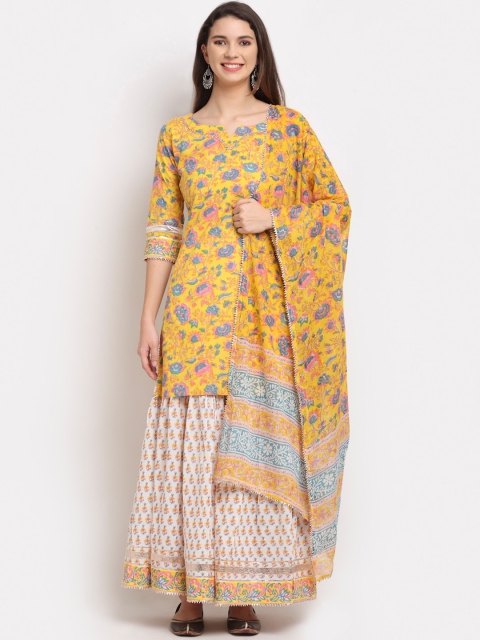 

Rudra Bazaar Women Yellow & White Floral Printed Pure Cotton Kurti with Sharara & Dupatta