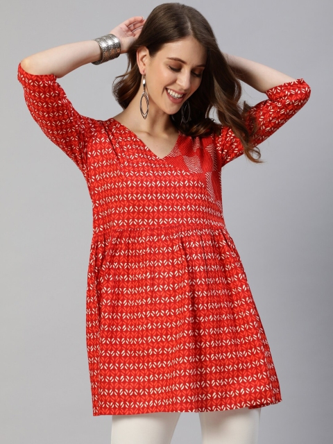 

Anubhutee Red & White Geometric Printed V-Neck Pure Cotton Angrakha Kurti