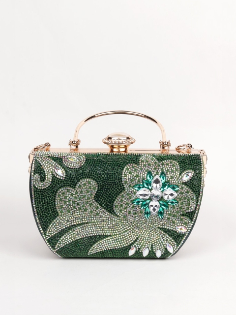 

ODETTE Green & Silver-Toned Embroidered Box Clutch