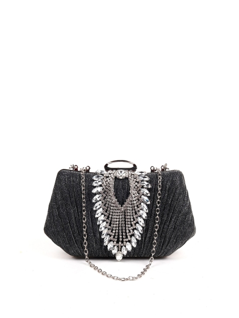 

ODETTE Black & Silver-Toned Textured & Embellished Box Clutch
