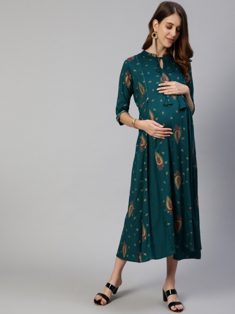 

Anubhutee Teal Green Ethnic Motifs Tie-Up Neck Maternity A-Line Midi Dress