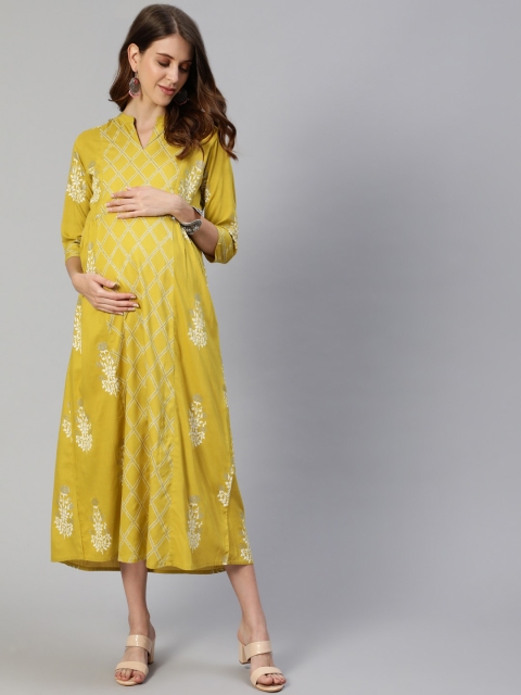 

Anubhutee Lime Green Ethnic Motifs Maternity A-Line Midi Dress