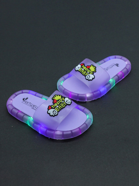 

FEETWELL SHOES Unisex Kids Purple & Yellow Printed Rubber Sliders